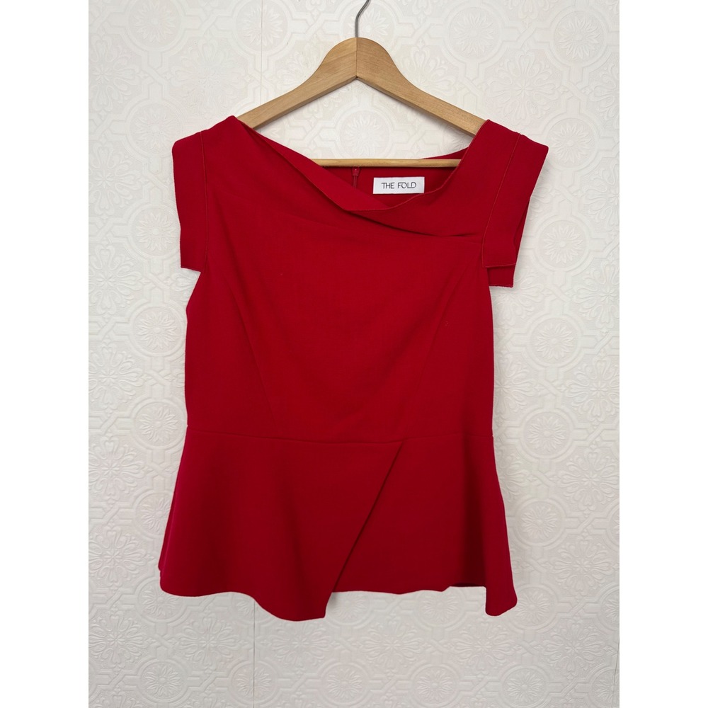 The Fold London Wool Red Crepe Peplum Top Asymmetric Neckline Size 10 Blouse